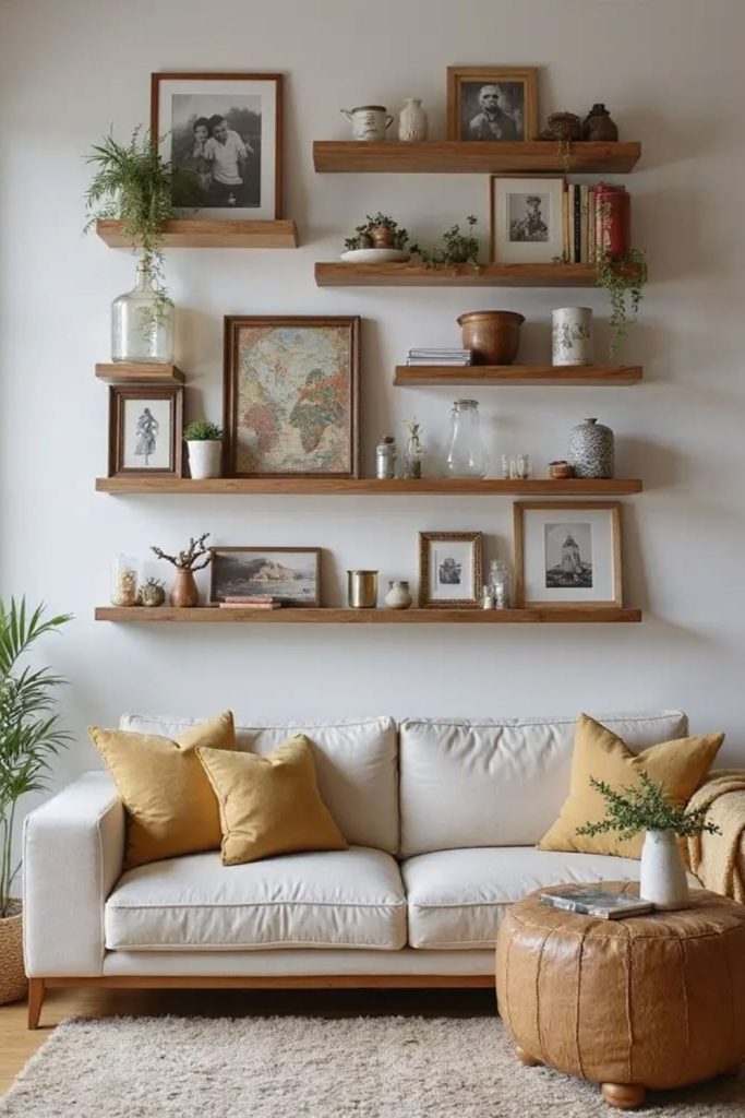 Floating wooden shelves with decorative accents.