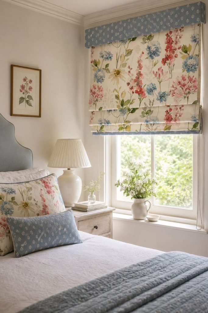 Floral cottage curtains with Roman blinds.