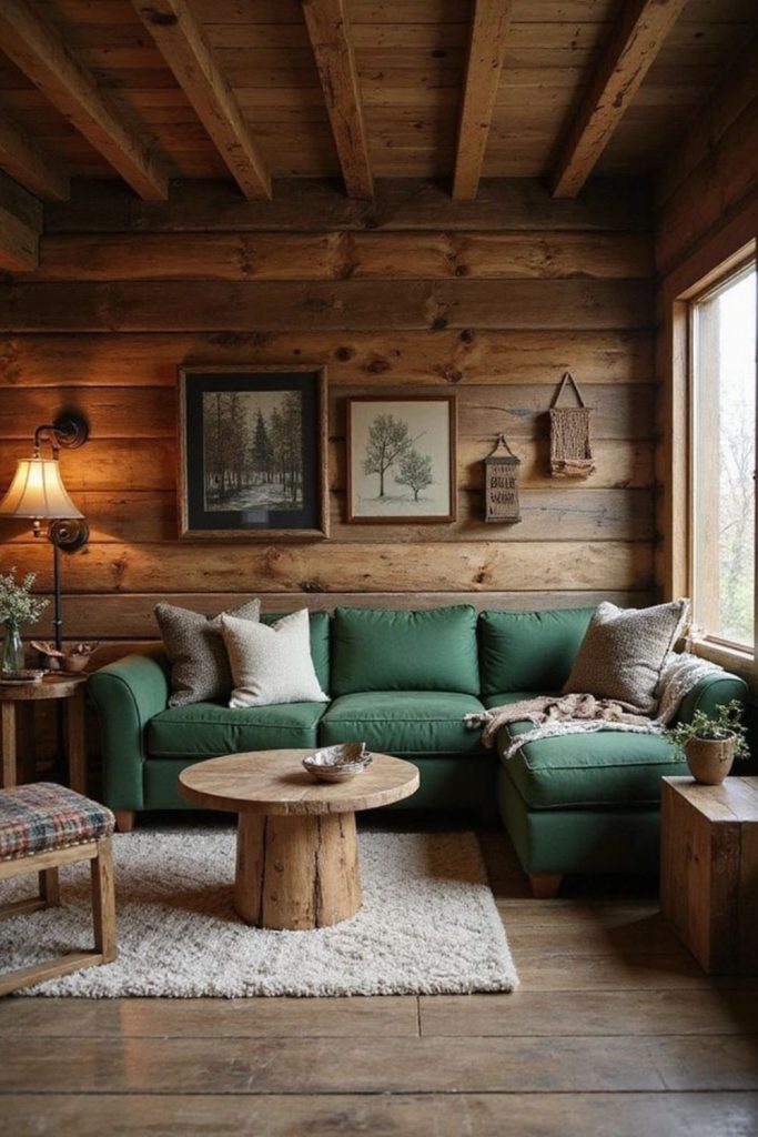 Forest cabin-inspired fall room decor.