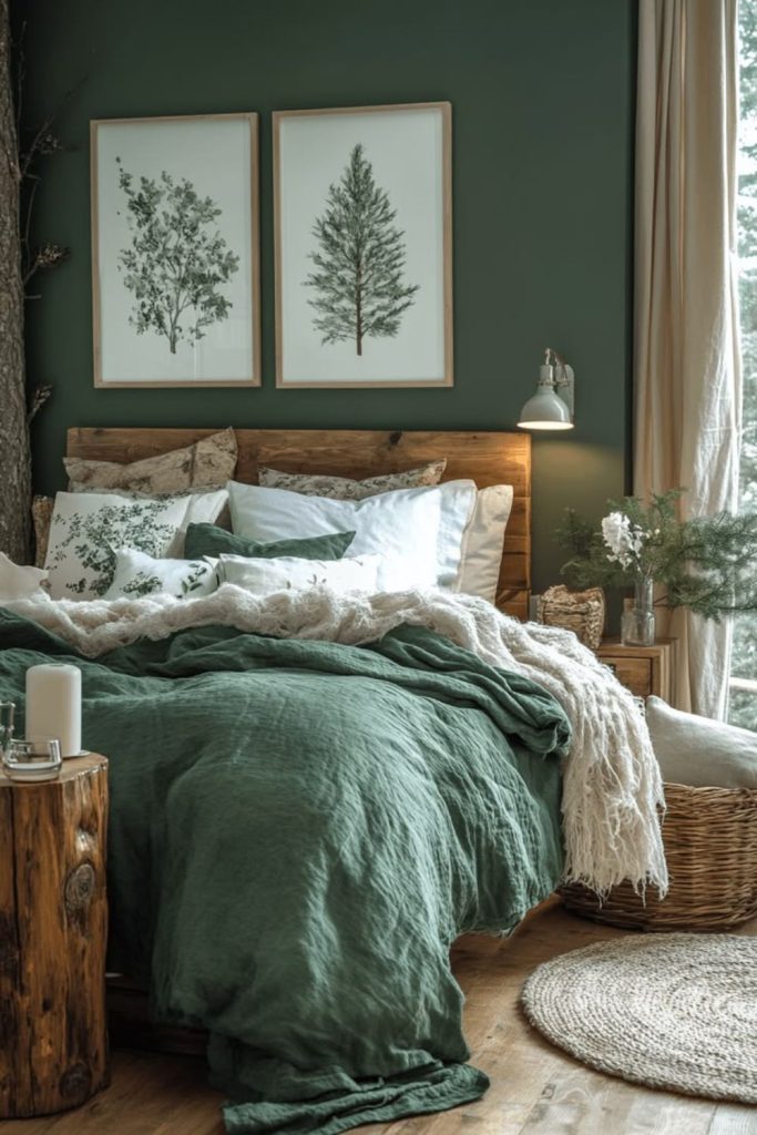 Forest green cozy autumn bedroom.