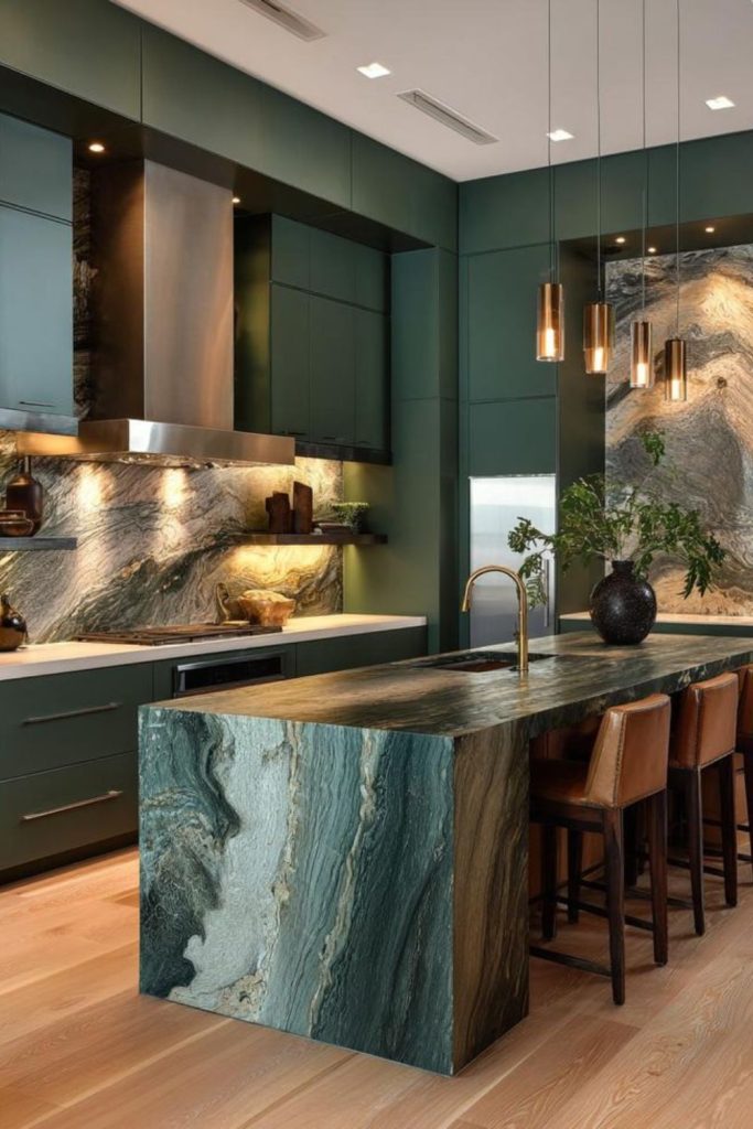 Forest green kitchen island with sink.