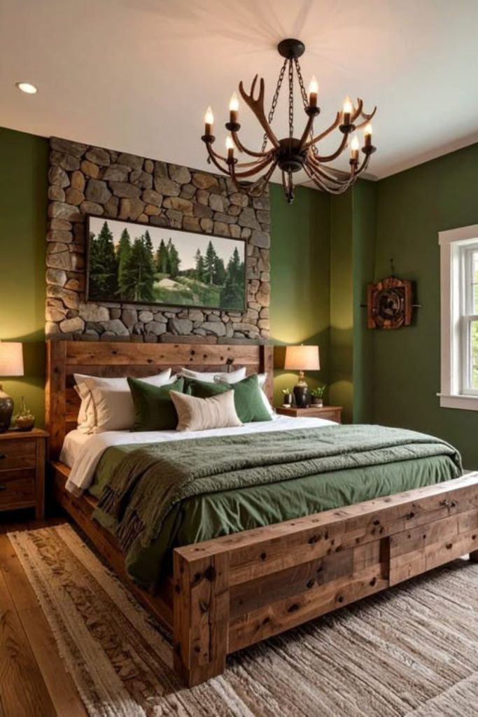 Forest green cozy dorm bedroom.