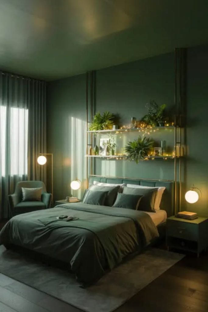Forest green upholstered modern bed.