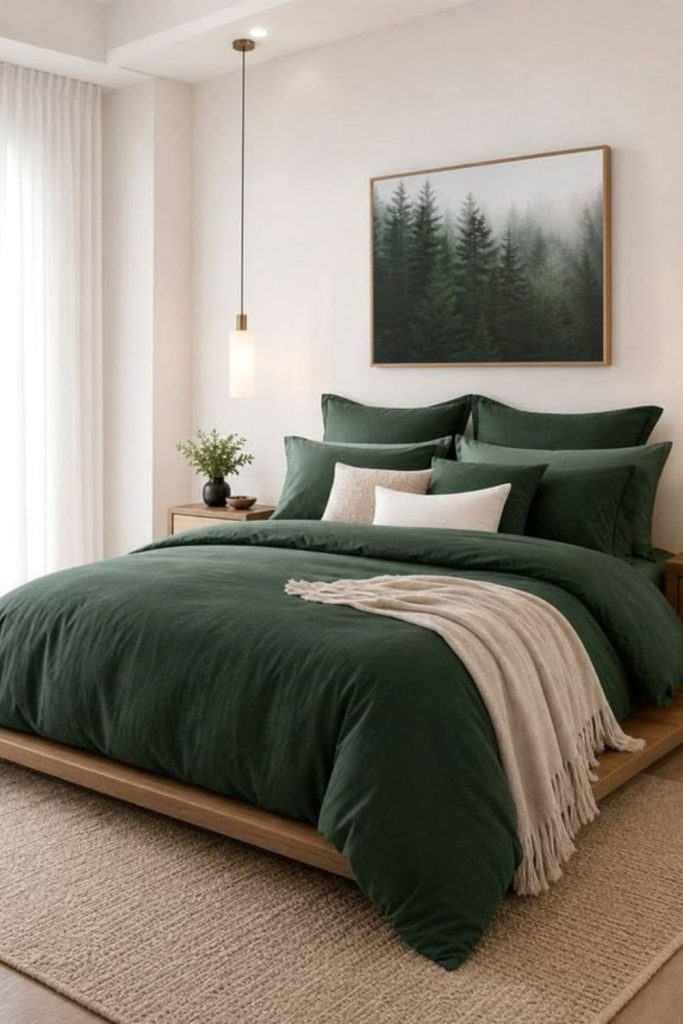 Forest green bedding with brass accents.