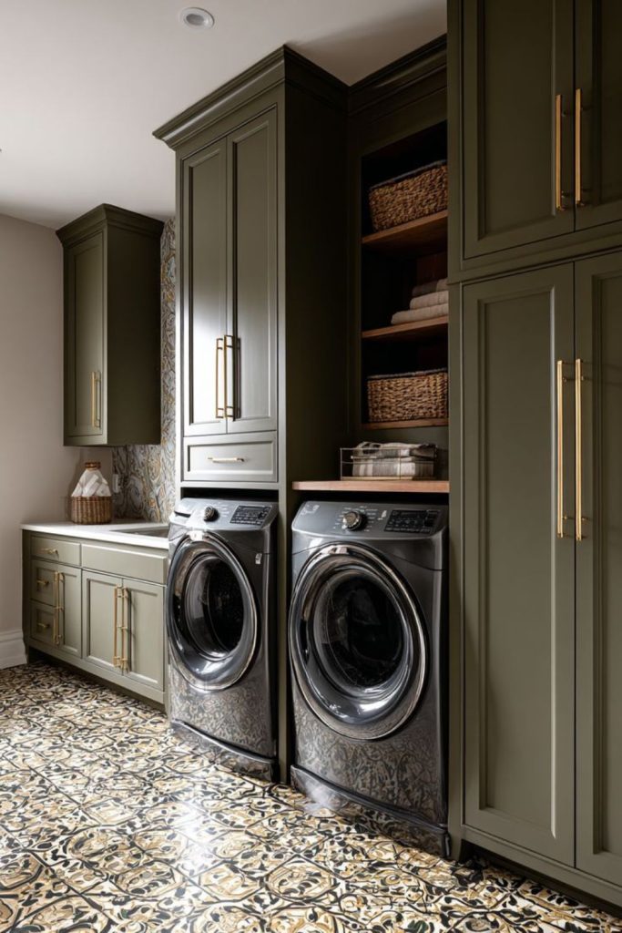 Forest green luxury laundry cabinets.
