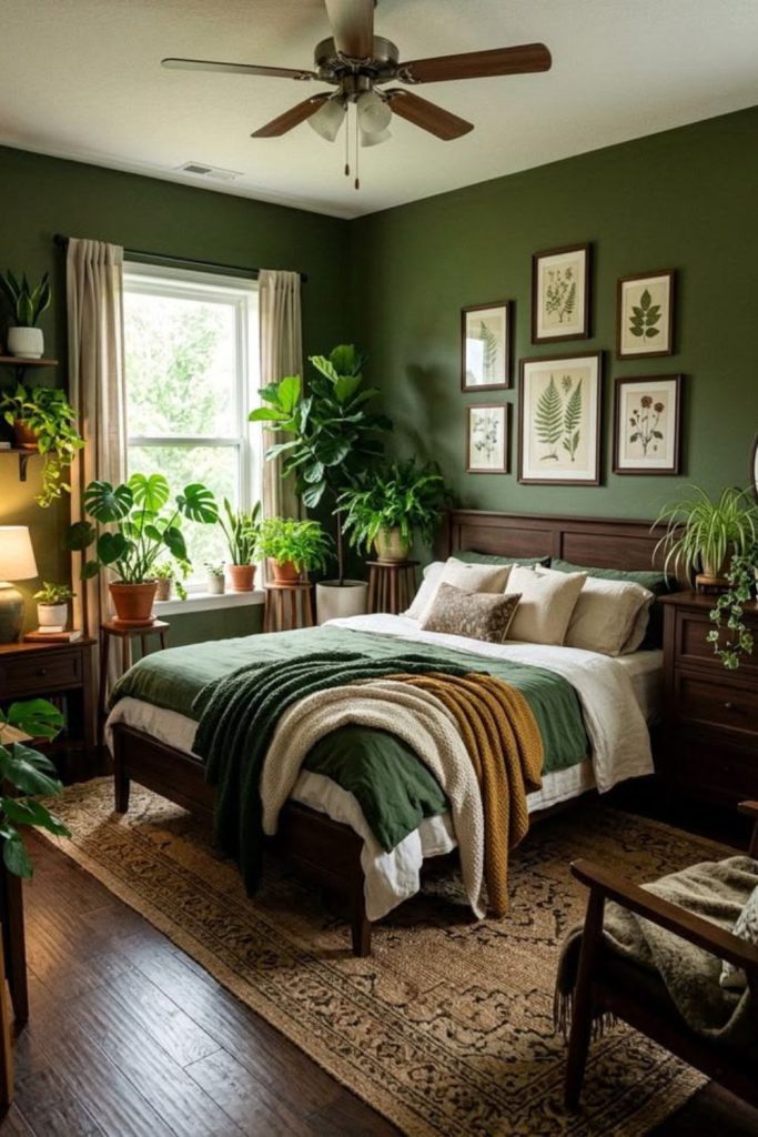 Forest green bedroom with natural accents.
