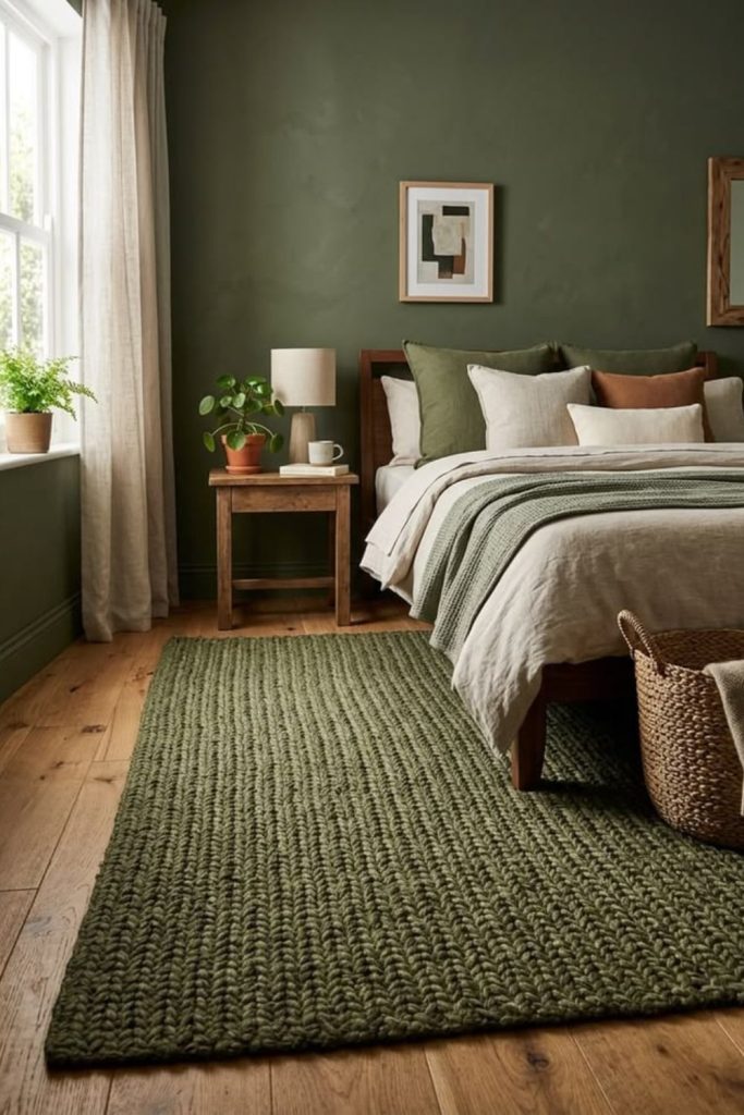 Forest green plush carpet bedroom style.