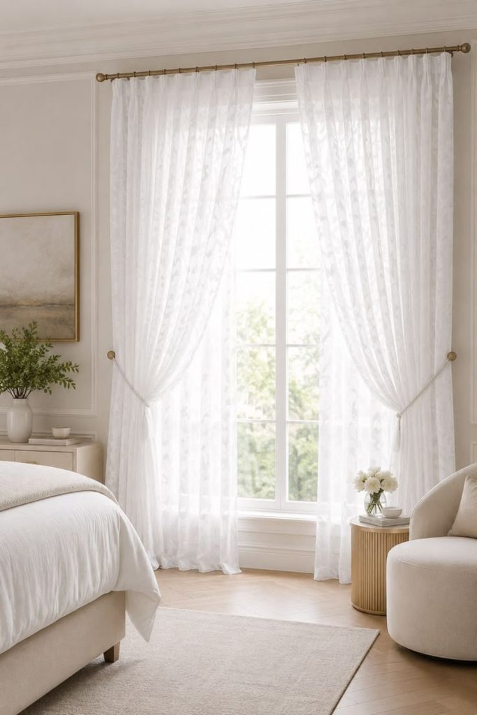 French linen curtains with Roman blinds.