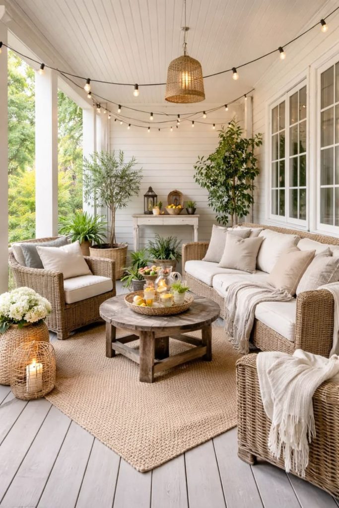 French country covered porch with lavender.