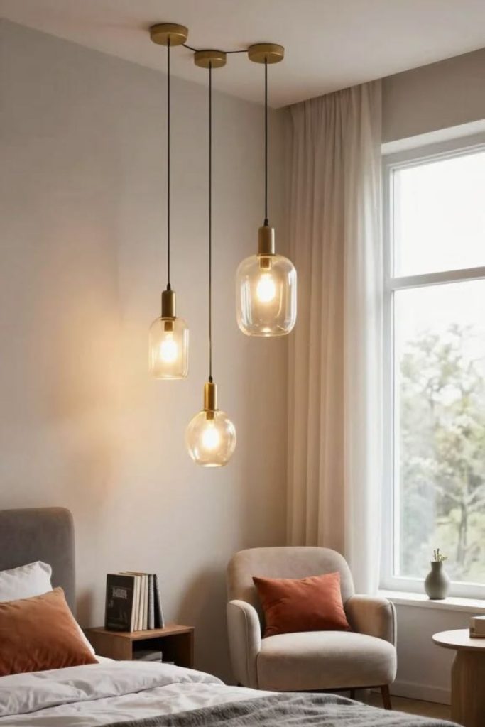 Frosted glass globe lights illuminating bedroom.