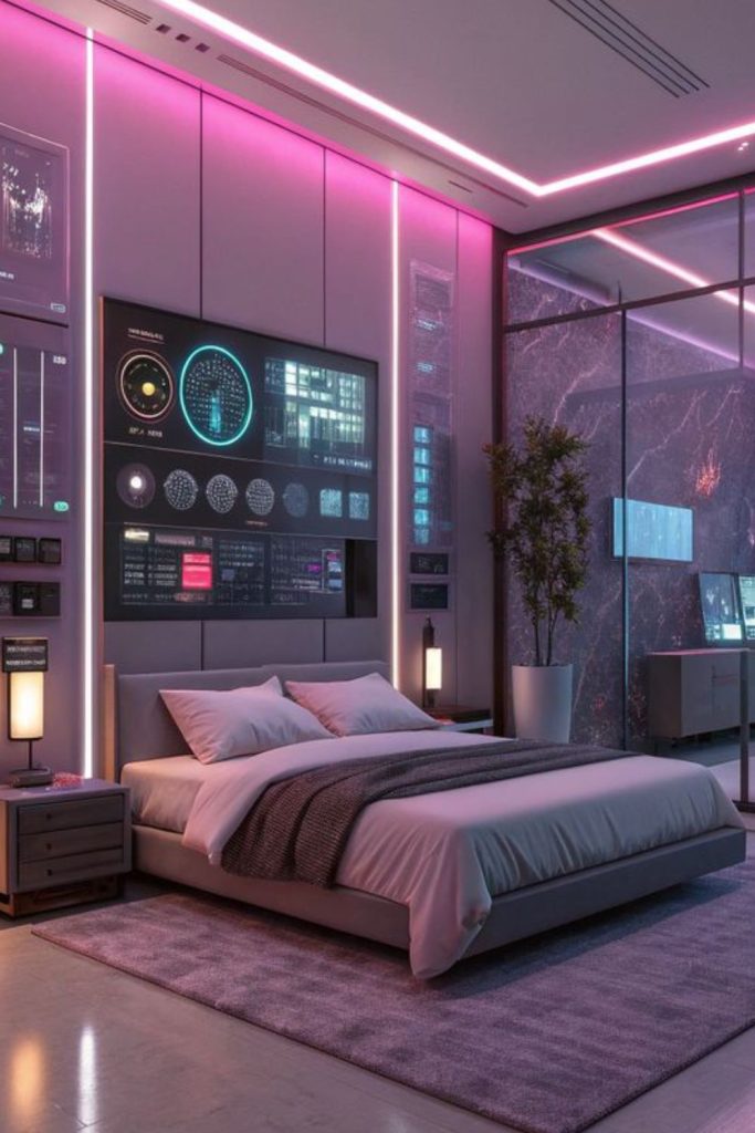 Smart futuristic teen bedroom with technology.