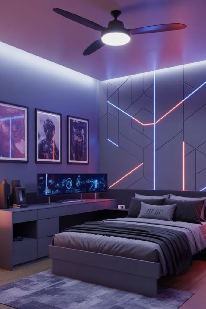 Futuristic smart bedroom with glowing technology.