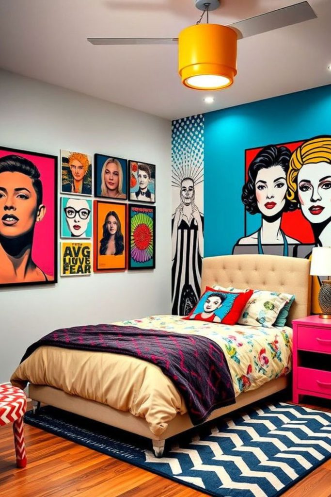 Teen pop culture collage bedroom.