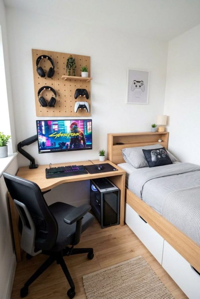 Gamer bedroom desk with dual monitors.