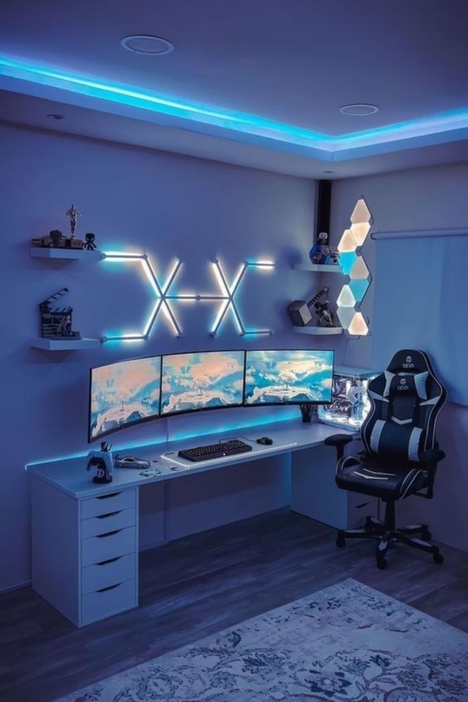 Modern gaming bedroom with LED lighting.