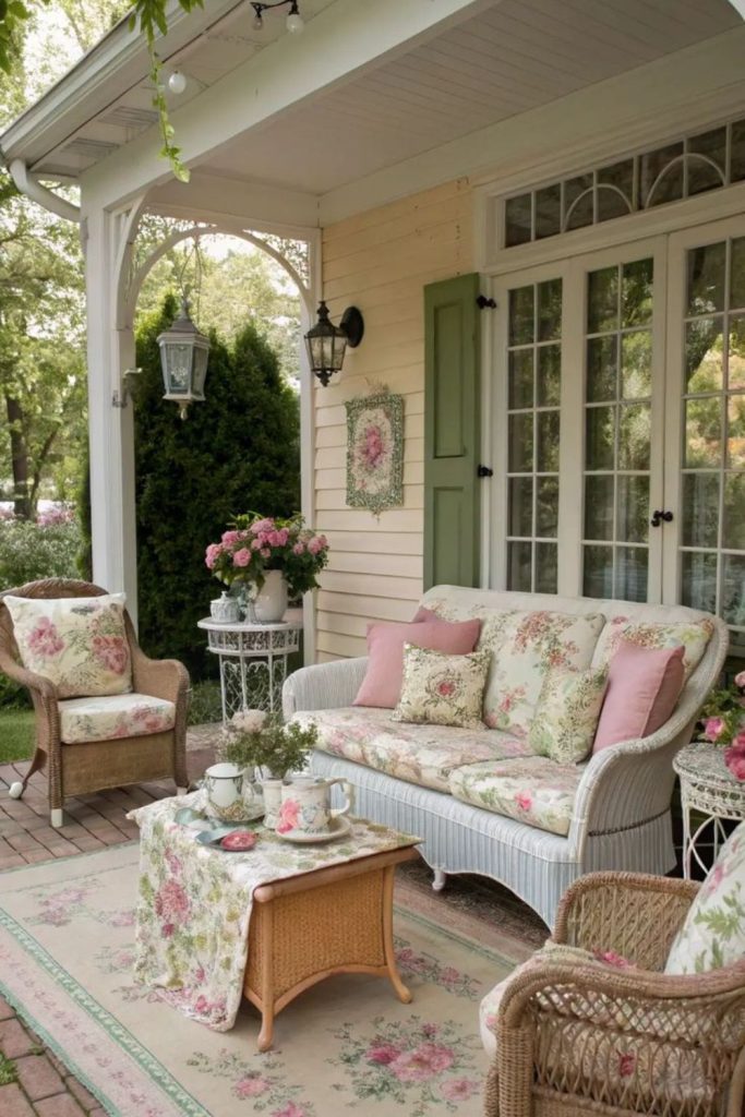Garden tea covered porch with blooms.