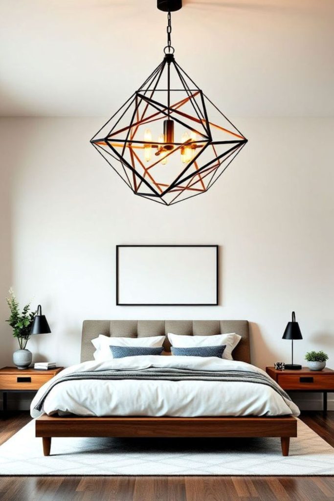 Geometric metal pendant above modern bedroom.