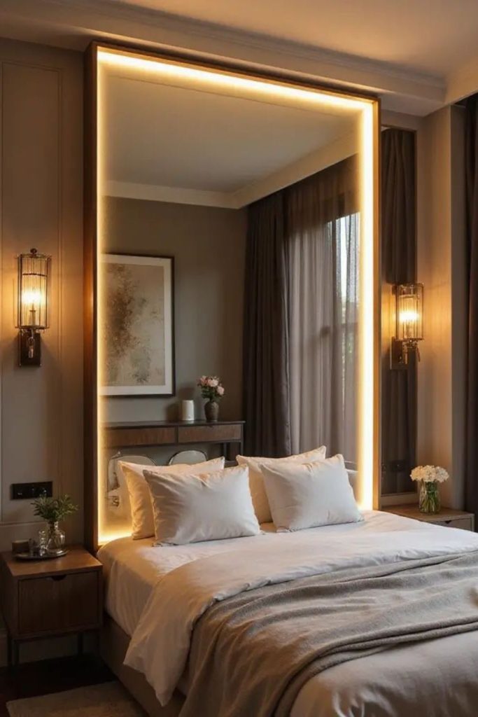 Backlit mirror with elegant LED lighting.