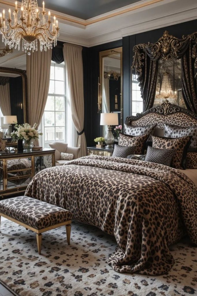 Luxurious gold leopard bedroom design.