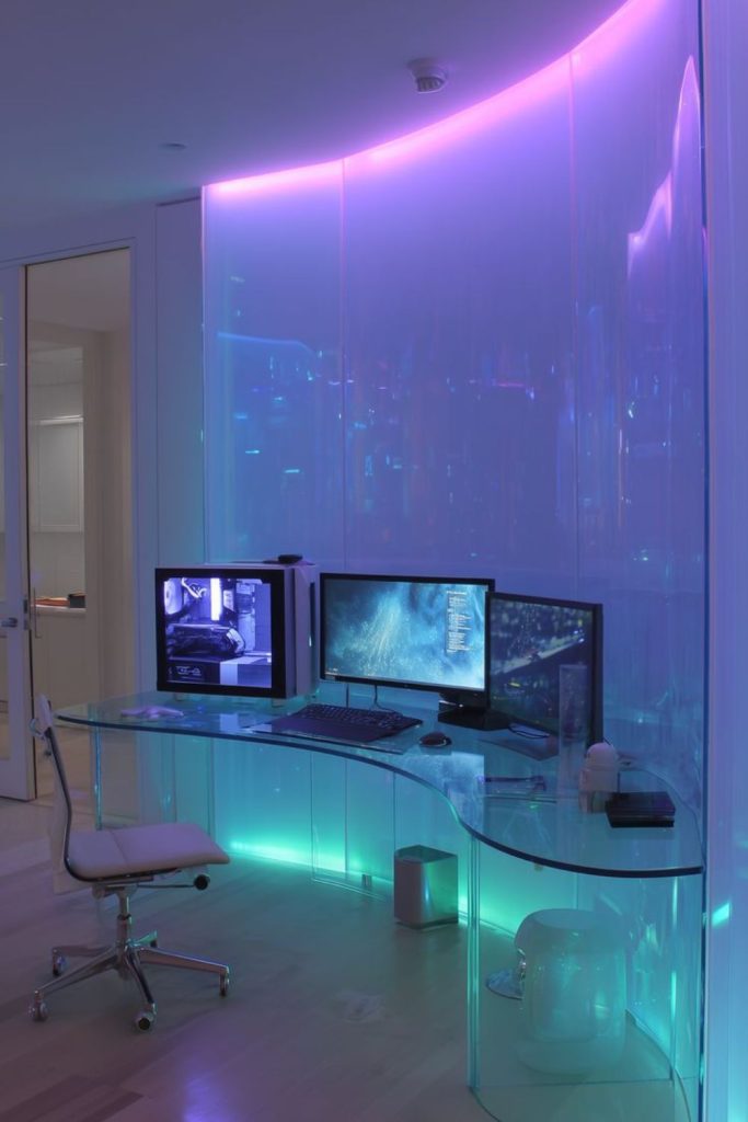 Glass desk futuristic gaming setup.