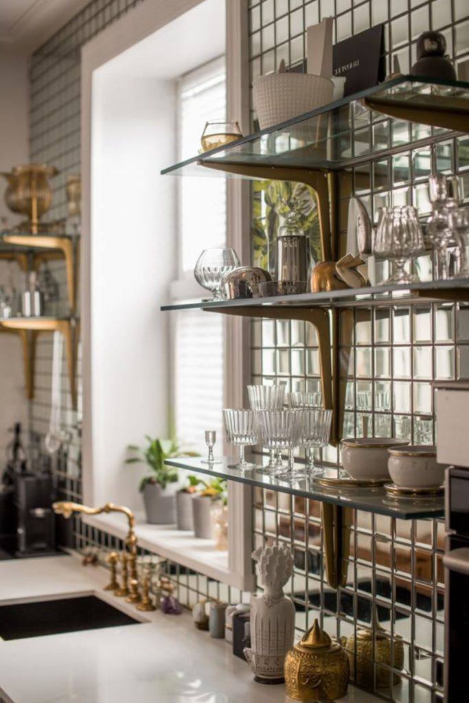 Glass shelf glamorous kitchen island design.