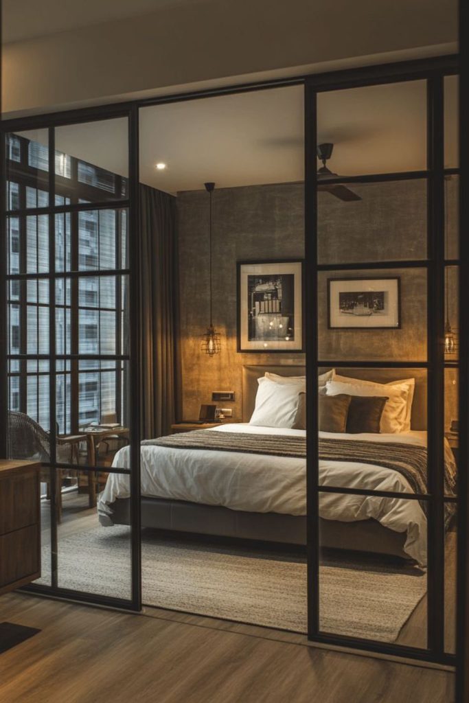 Contemporary bedroom with glass walls.