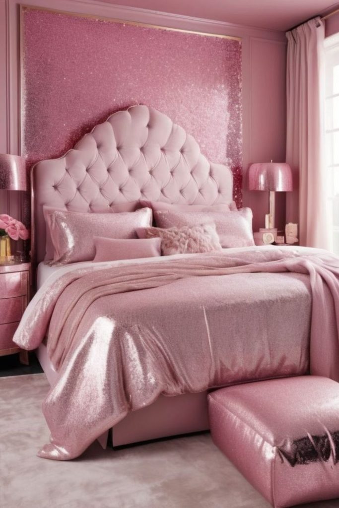 Glittery pink bedroom with glamorous décor.https://homezille.com/