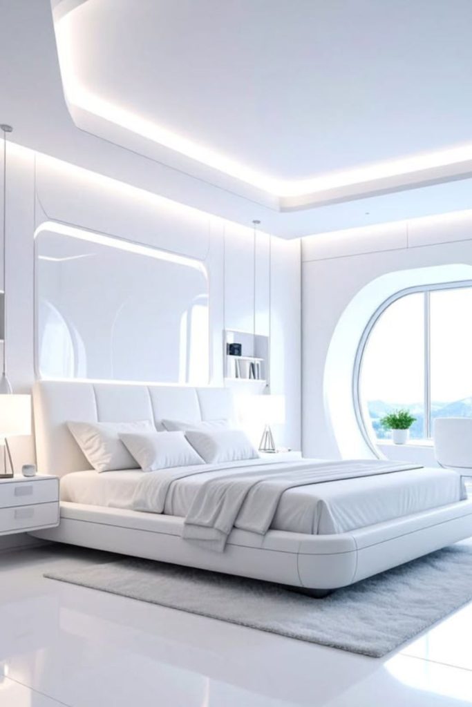 Glossy white futuristic millennium bedroom.