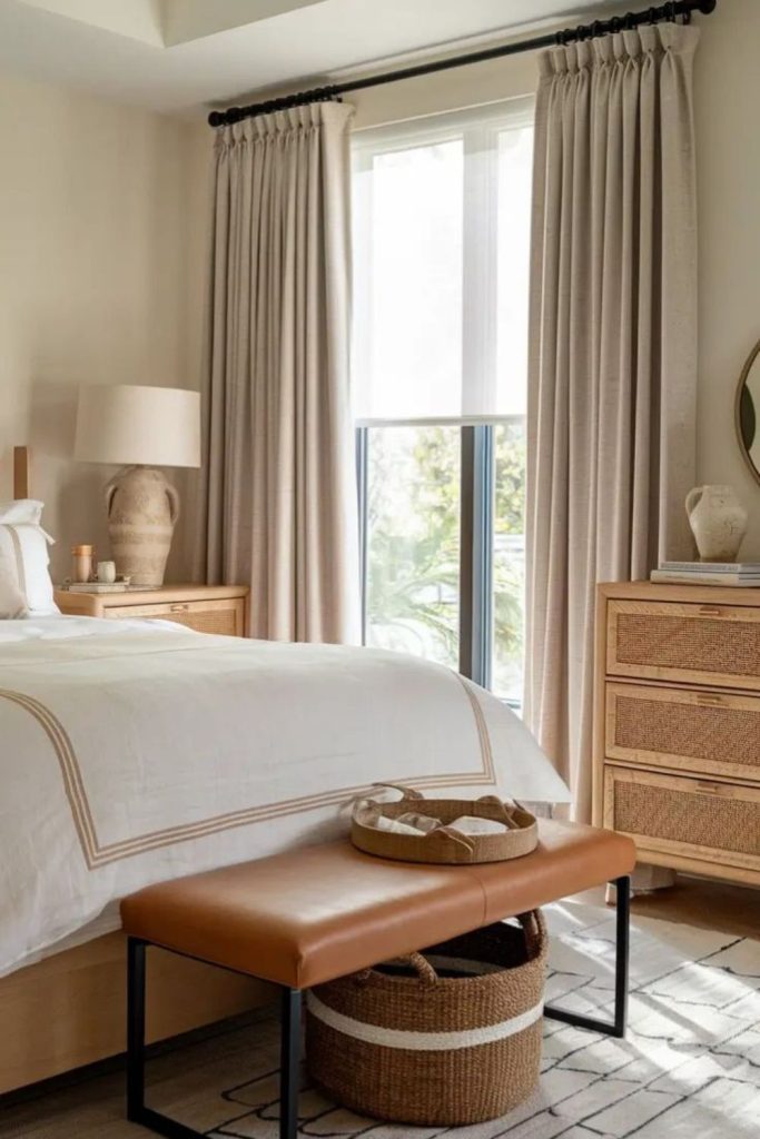 Golden beige curtains with sheer blinds.