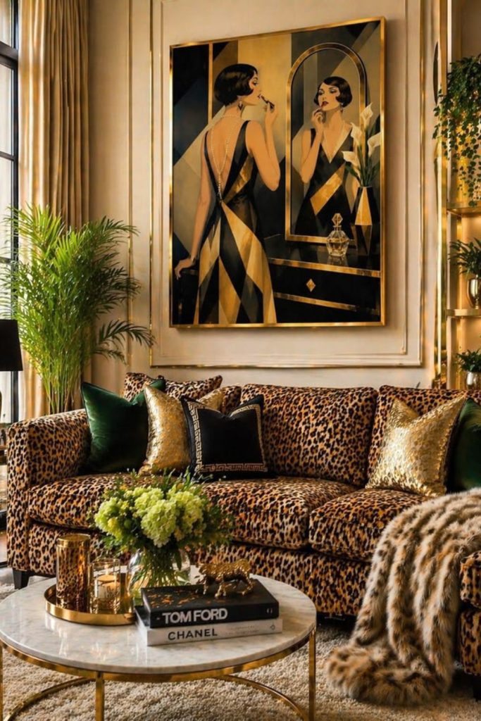 Glamorous gold cheetah accent living room.