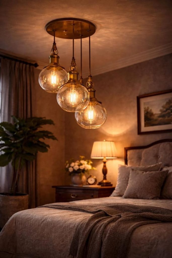 Elegant golden pendant lighting above bed.