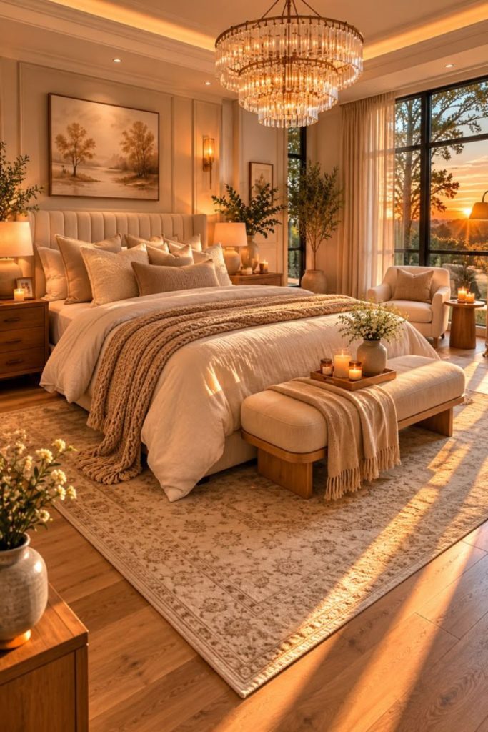 Warm golden bedroom with wooden accents.