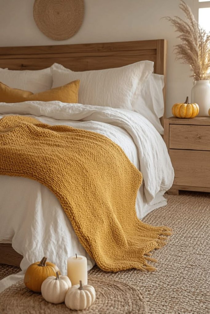 Golden harvest inspired bedroom styling.