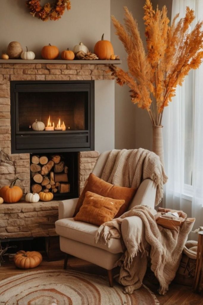 Golden hearth cozy fall room.
