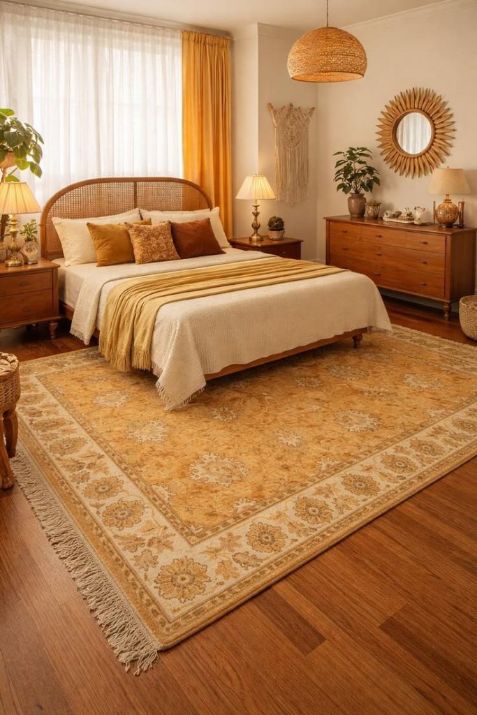 Golden honey wool bedroom carpet texture.