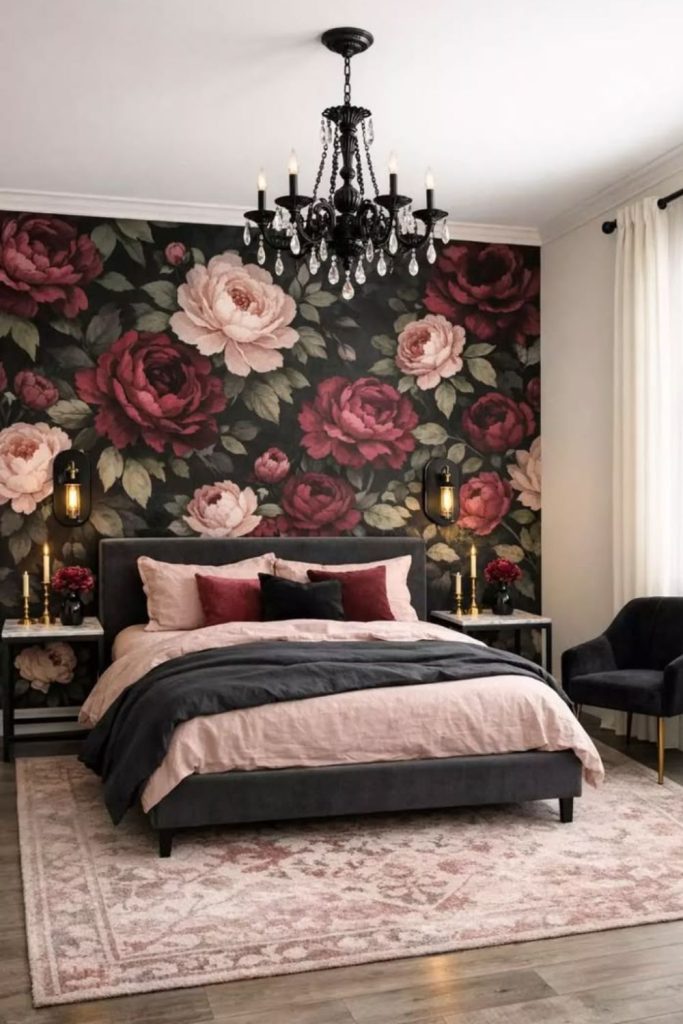 Romantic black floral bedroom fantasy design.
