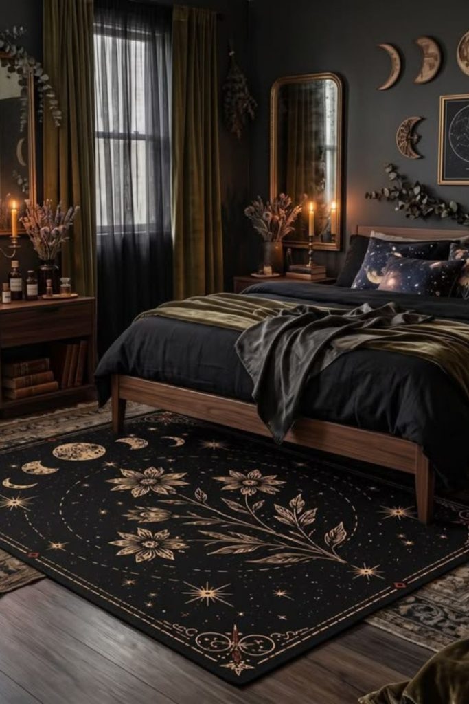Mysterious Gothic Nouveau black bedroom retreat.