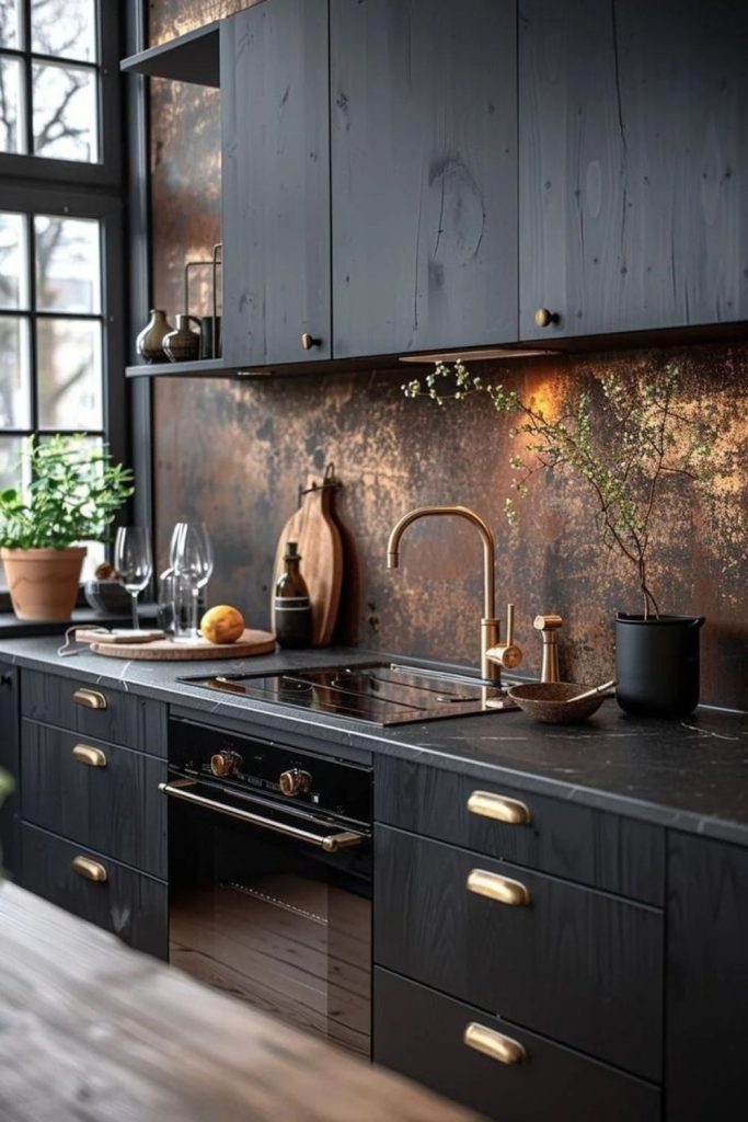 Graphite gourmet kitchen island with sink.
