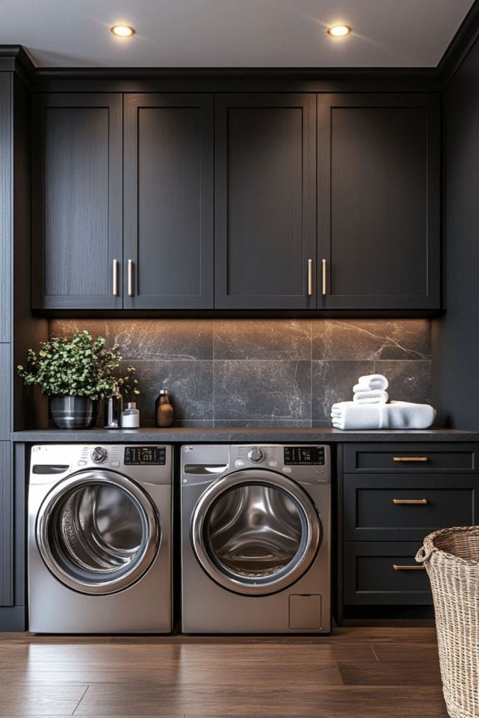 Graphite luxury laundry room cabinets.