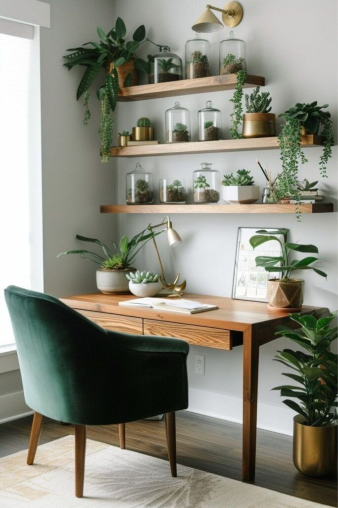 Botanical bedroom desk surrounded by plants.