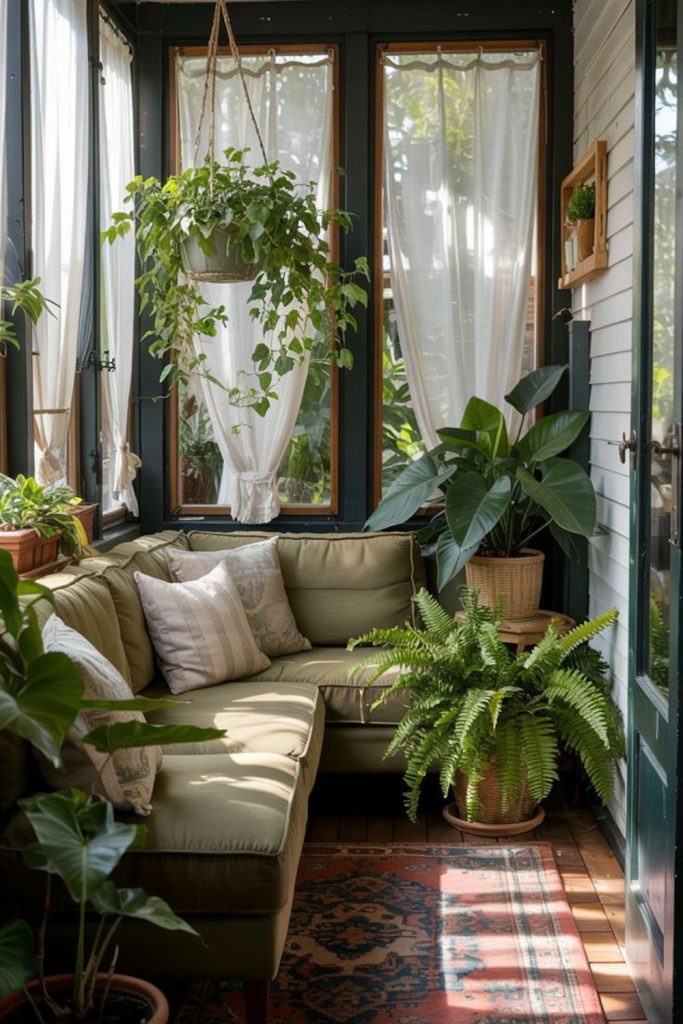 Greenhouse inspired covered porch with plants.