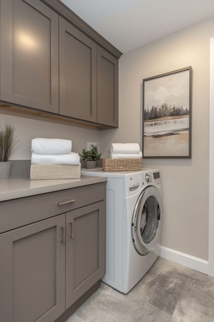 Greige laundry room cabinet storage.