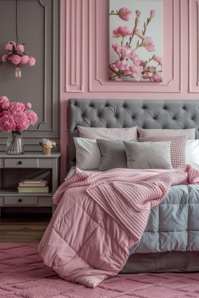 Grey headboard with layered pink bedding.