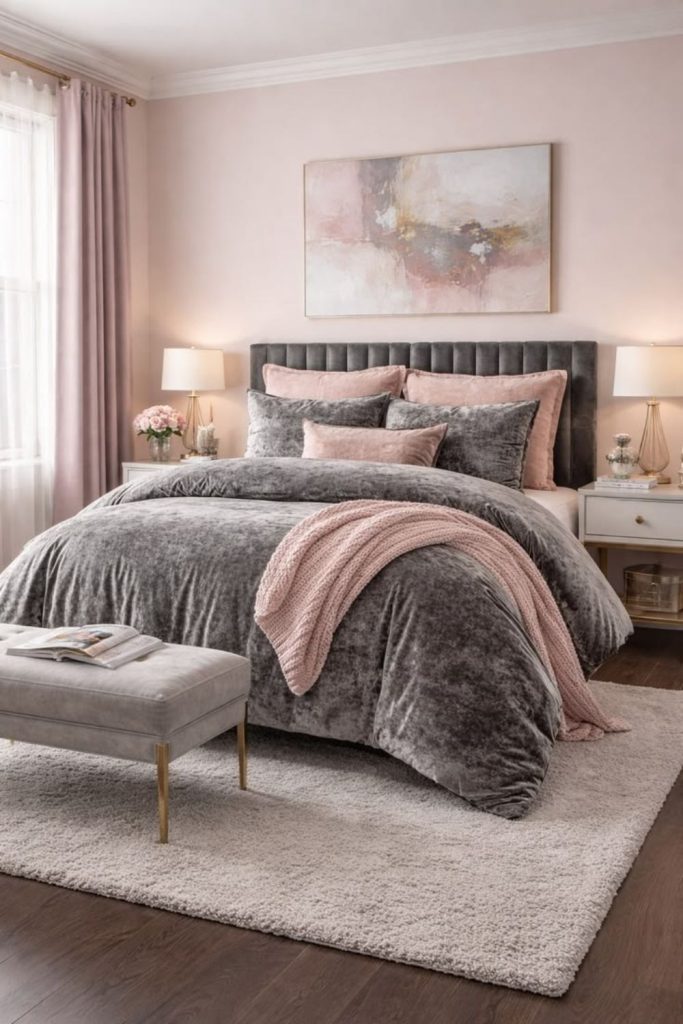 Grey velvet and blush bedroom suite.