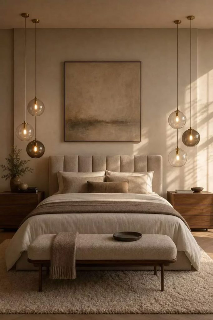 Hanging bedside pendant lights over nightstands.