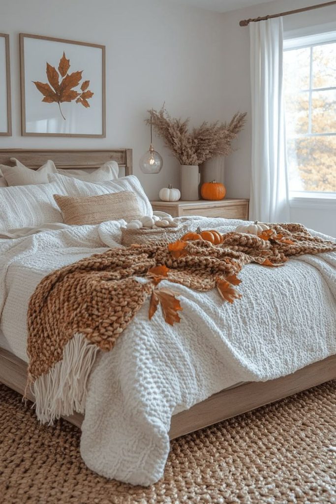 Neutral harvest inspired cozy bedroom.