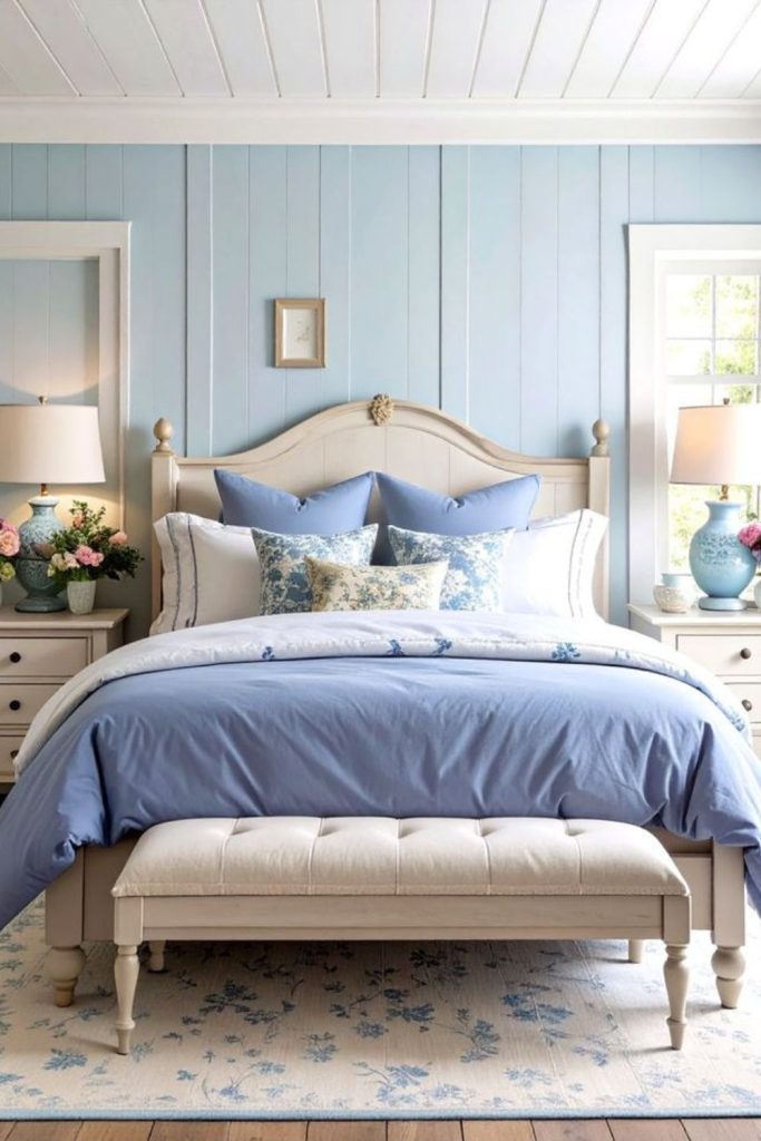 Heirloom blue bedroom with oak bed