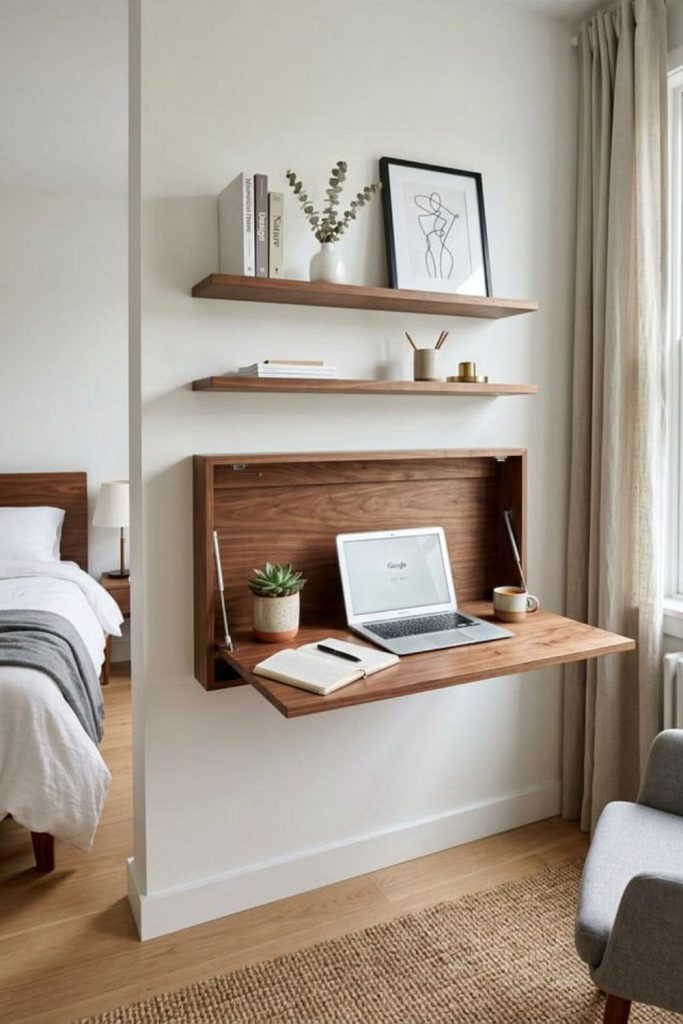 Fold-down wall desk saving bedroom space.