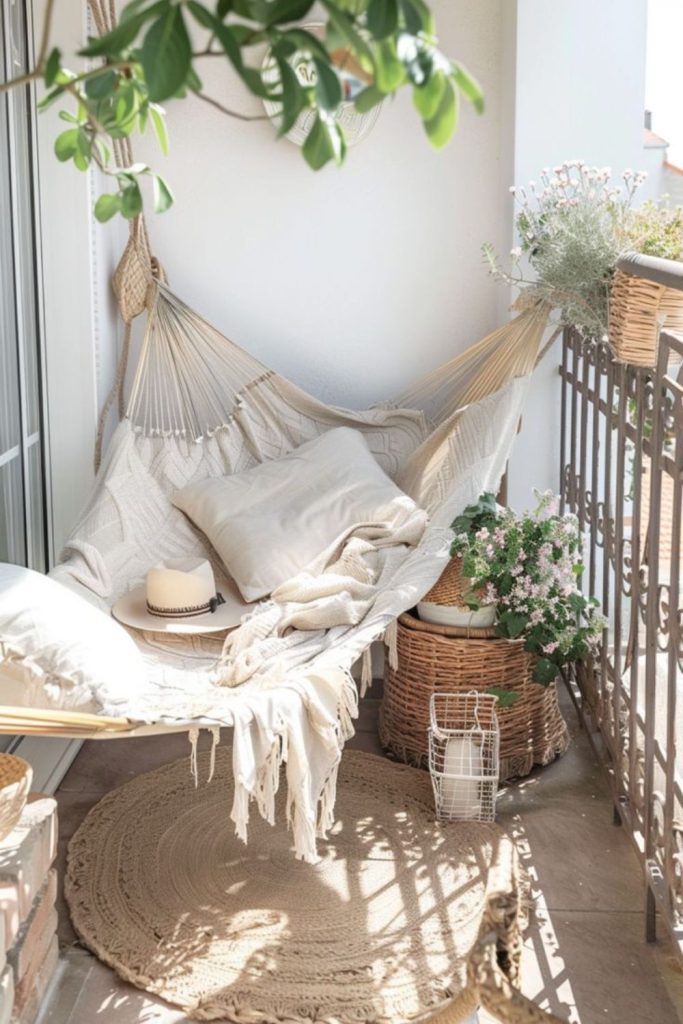 Cozy hammock bedroom balcony relaxation corner.