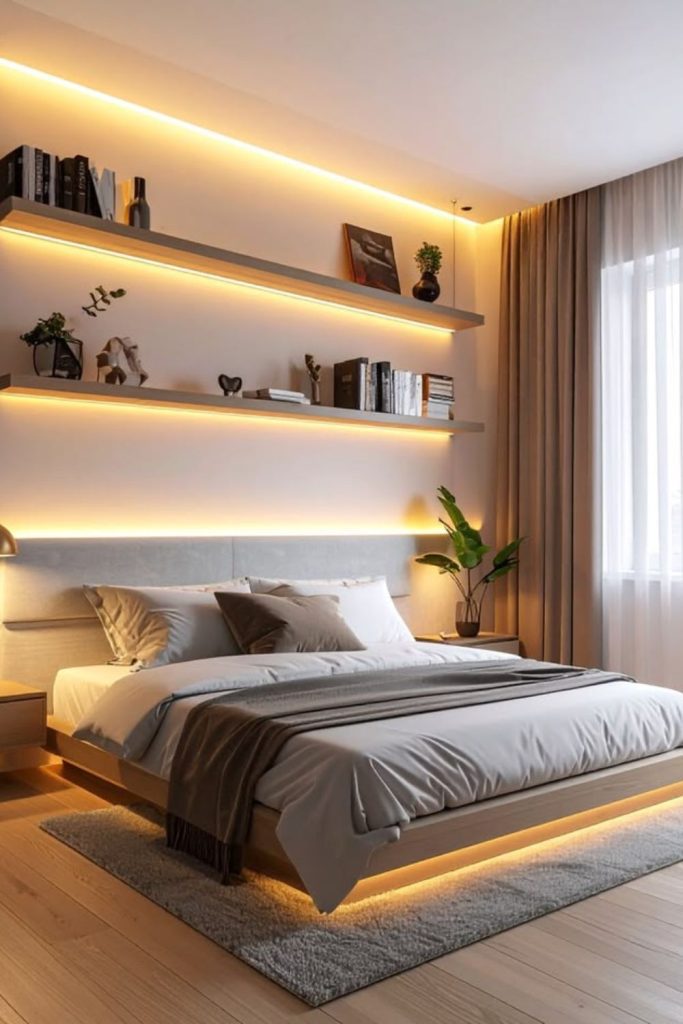 Floating shelves featuring hidden LED lighting.